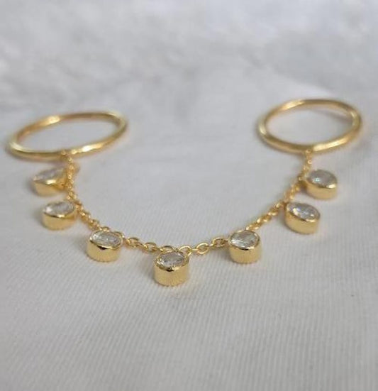 14k Gold Chain Drop Ring, Oval Diamond Dangling Two finger Double Band 7