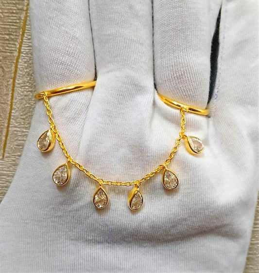 14k Gold Pear CZ Diamond Two Finger Ring, Chain Drop Ring devikagems jewels