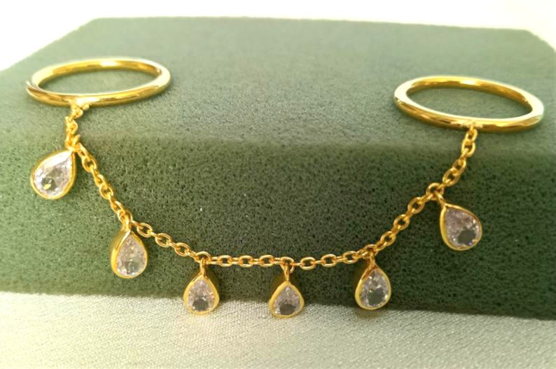 14k Gold Pear CZ Diamond Two Finger Ring, Chain Drop Ring - devikajewel