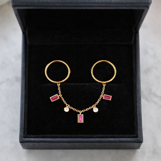 14k Gold Two Finger Chain Ring, Ruby Diamond Dangle
2