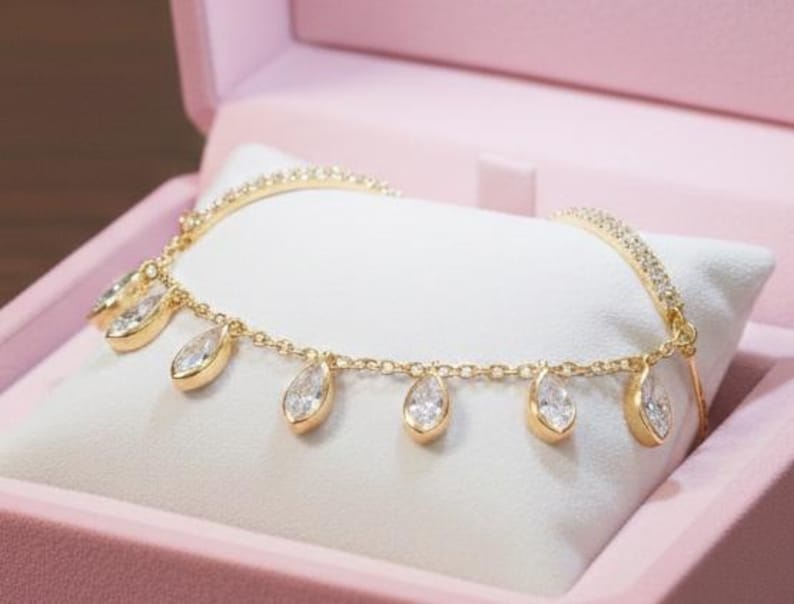 14k Yellow Vermeil Marquise Diamond Two Finger Drop Chain Ring