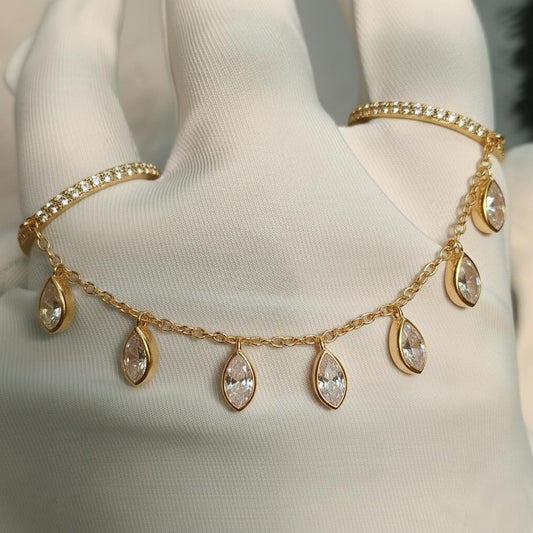 14k Yellow Vermeil Marquise Diamond Two Finger Drop Chain Ring 8