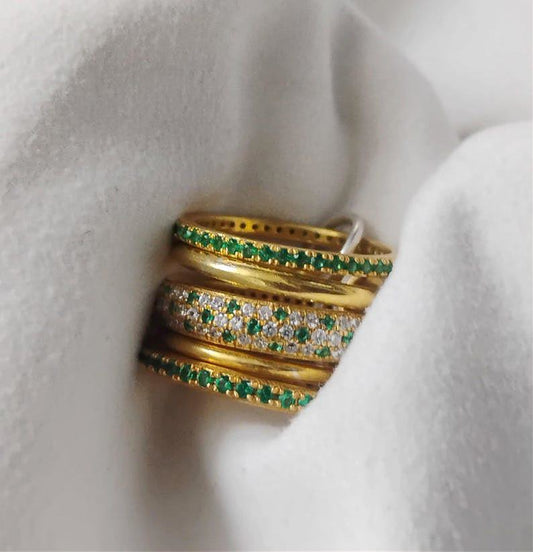 18k Yellow Plated Emerald Ring, Micro Pave Diamond Interlocking Band 4