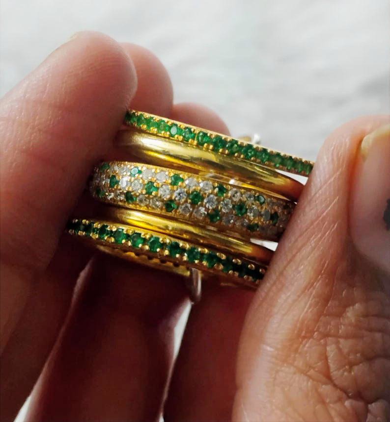 18k Yellow Plated Emerald Ring, Micro Pave Diamond Interlocking Band 8