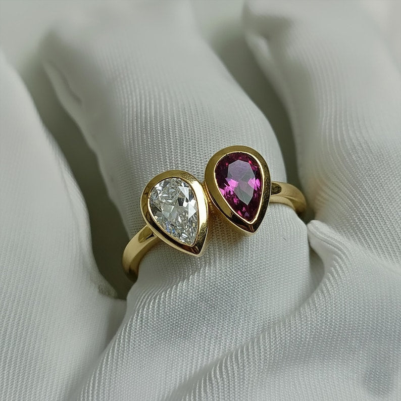 925SterlingSilver Wedding Two Stone Ring Pear Diamond & Alexandrite Ring devikagemstone