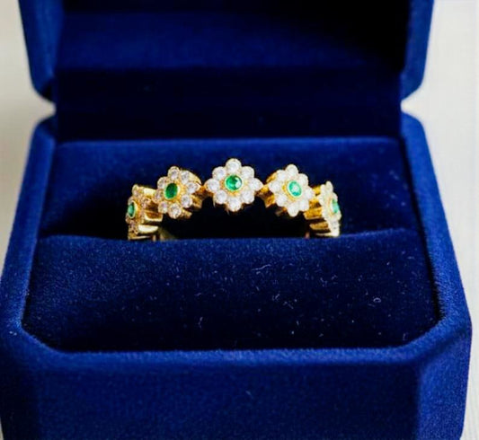 925 Silver Flower Eternity Ring, Emerald and Diamonds Daisy Minimalist Stackable Band devikagems