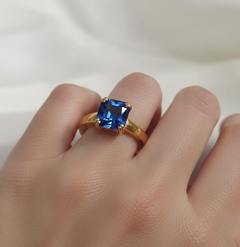 Ascher Cut Blue Sapphire Stacking Ring, 925 sterling Silver Proposal Band 4