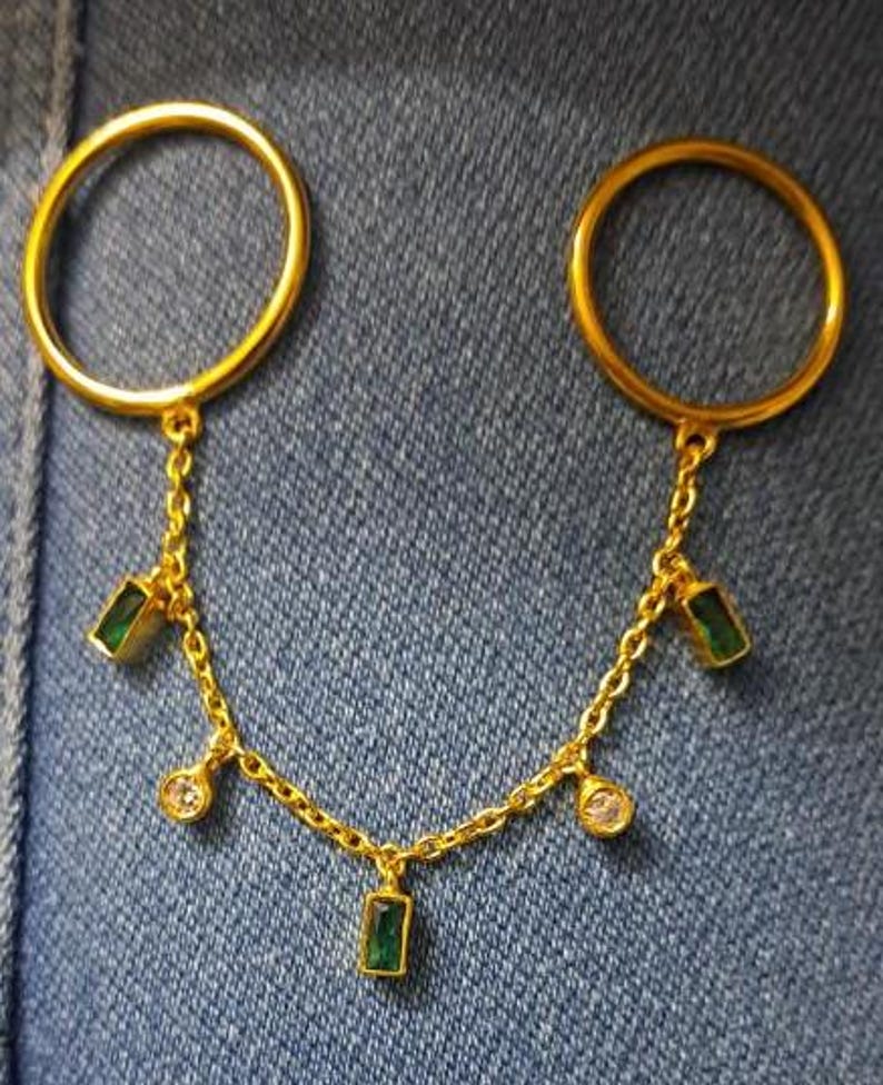 Baguette Emerald and Diamonds Two Hand Finger drop Dangling Chain Ring 1
