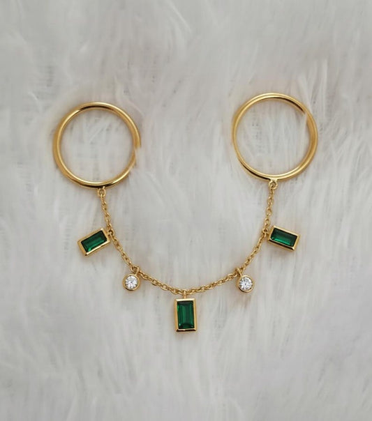 Baguette Emerald and Diamonds Two Hand Finger drop Dangling Chain Ring 4