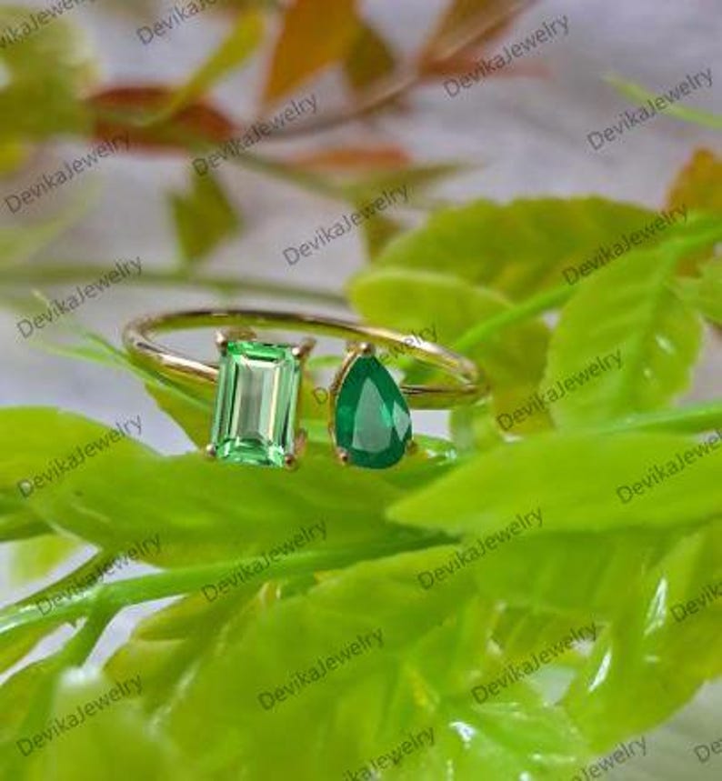 Baguette Green Sapphire & Pear Emerald 14k Gold Toi Et Moi Ring 1
