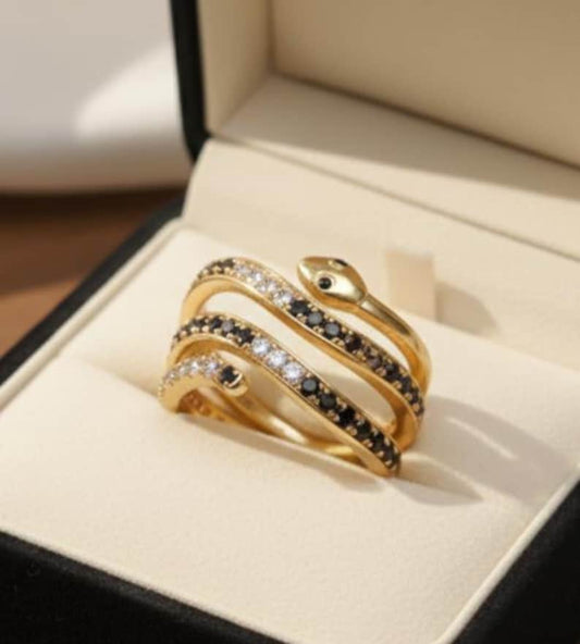 Black and White Diamond Snake Ring, serpent wrap 14k Gold 2