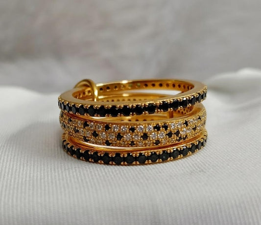 Black and white Diamond Interlocking Ring, Stacking Connected Band 4