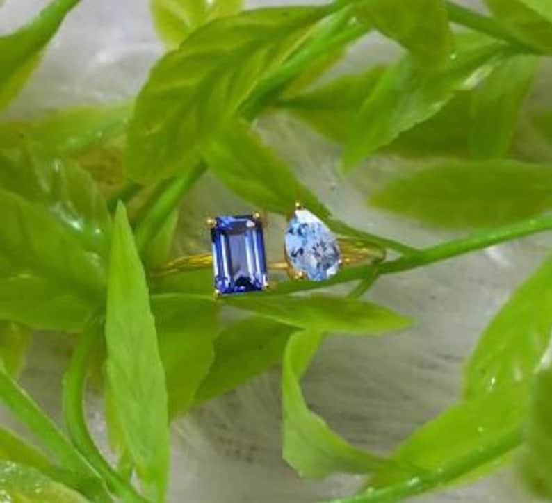 Blue Sapphire Aquamarine Toi Et Moi Ring 14k Yellow Vermeil Stacking Birthday Gifts Ring1