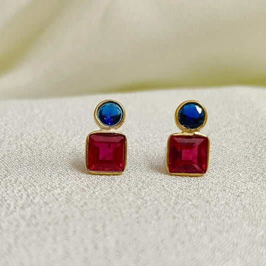 Blue Sapphire & Ruby Two Stone Stud Earrings | 925 Sterling Silver Jewelry gem devika