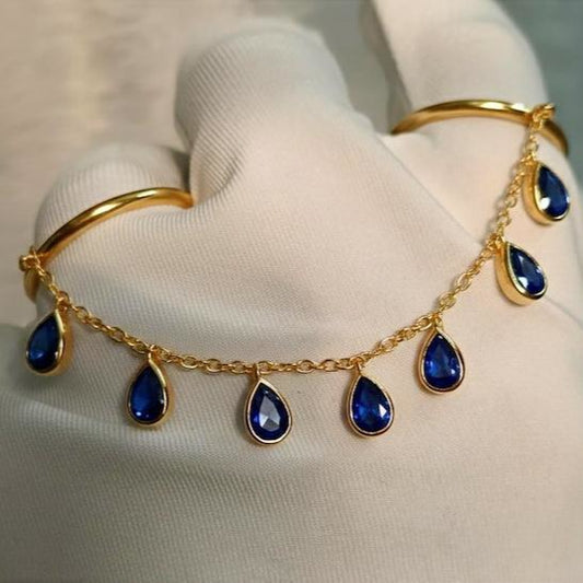 Blue Sapphire Tassel Shake Drop Chain Ring, Solid 14k Gold Two finger Handmade Jewelry devikagem