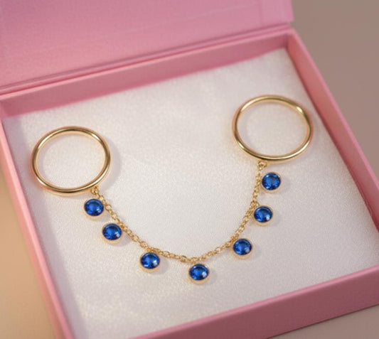 Blue Sapphire Two Finger Drop Chain Ring, 14k Solid Gold Dangling Tassel Statement Band 1