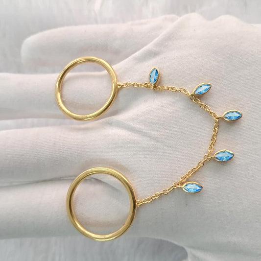Blue Topaz Drop Chain Ring 925Sterling Silver Tassel Double Band Two Finger 2