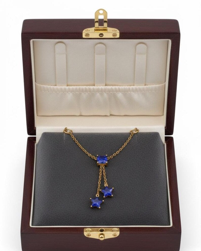 Brass Double Chain Blue Sapphire Star Ring Statement Two Finger Jewelry 1