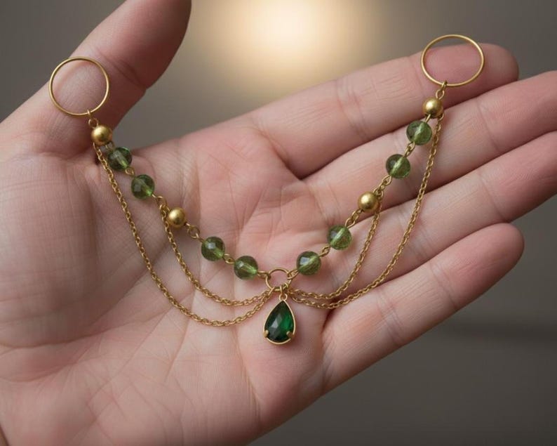 Brass Double Chain Green Stone Ring Boho Statement Jewelry 1