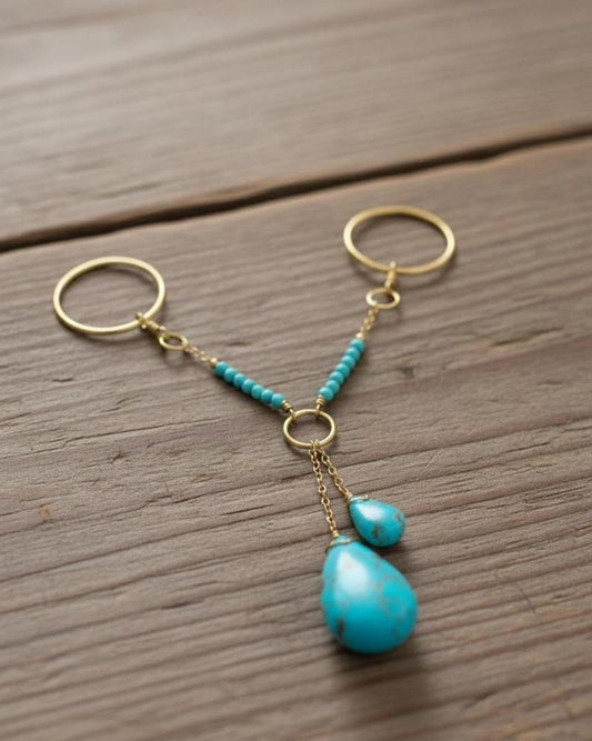 Brass Double Chain Turquoise Drop Ring Boho Statement Jewelry 1