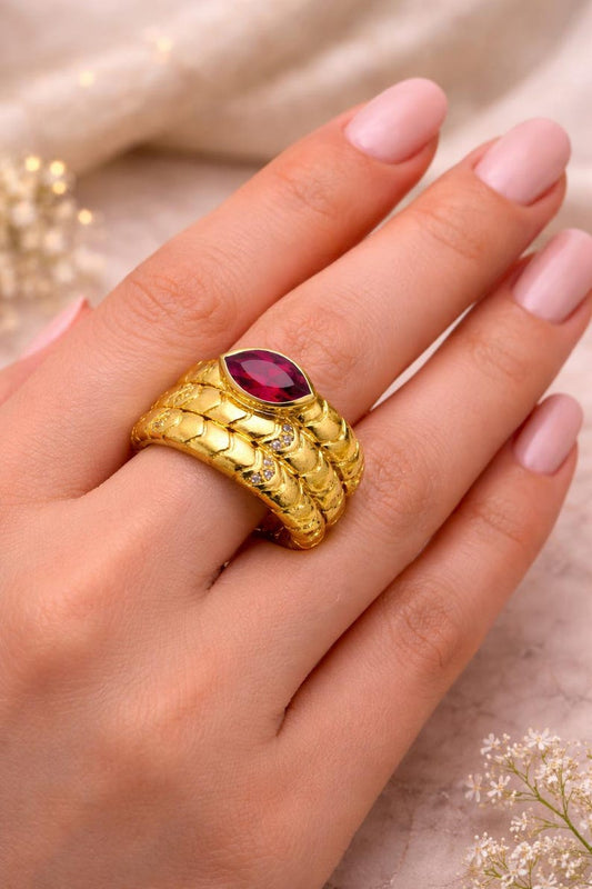 Brass Snake Wrap Ring Red Stone Vintage Statement Jewelry Gift 3