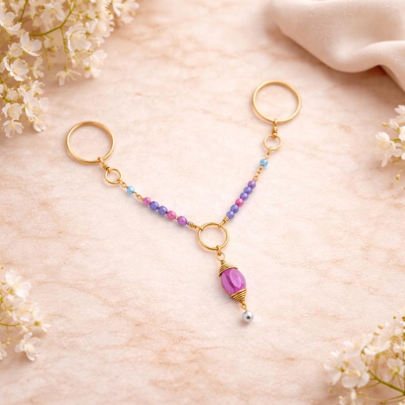 Brass Two Finger Chain Ring CZ Hoop Dangle Ring 3