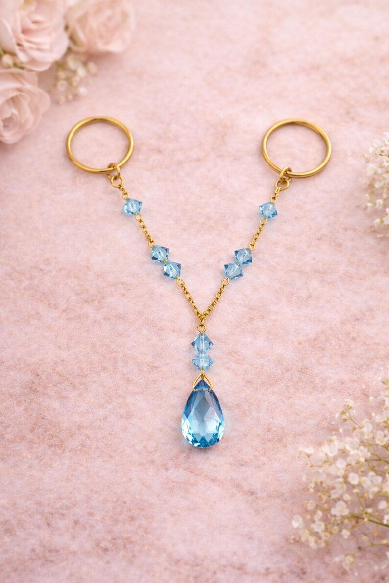 Brass Two Finger Chain Ring with Blue CZ Drop – Gold Plated Double Finger Statement Ring