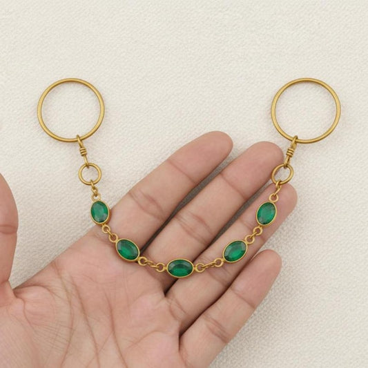 Brass Two Finger Chain Ring with Emerald Green CZ – Gold Plated Double Finger Statement Ring 1