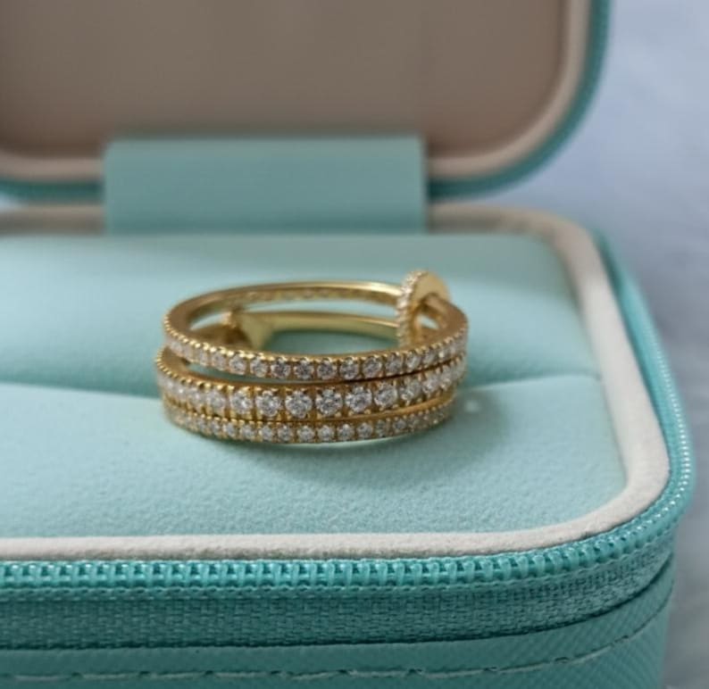 Diamond Triple Interlocking Chunky Band Ring, Multi Linked Connected Ring devikajewelry