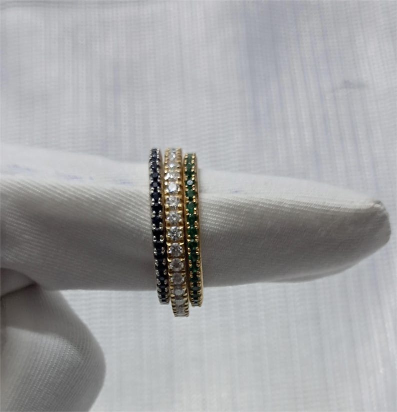 Emerald Diamond Sapphire Eternity Band Ring 925 Sterling Silver Linked Spinner Stacking Wedding Band DEVIKAGEMSTONE