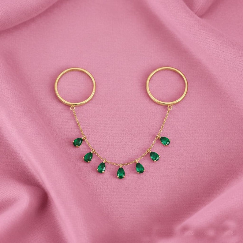 Emerald Drop Chain Ring 925 Silver Two Finger Handmade USA devikagemsjewels