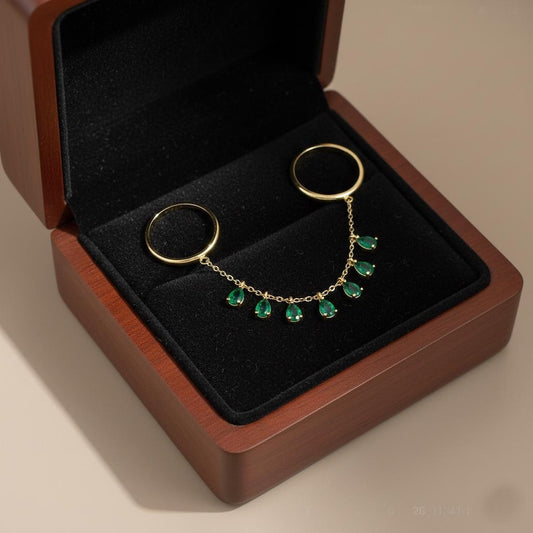 Emerald Drop Chain Ring 925 Silver Two Finger Handmade USA devikagemsjewels