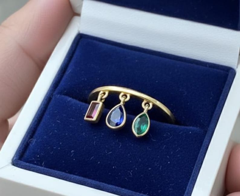 Emerald, Ruby and Blue Sapphire Drop Teardrop Tassel Ring in 925 Silver 1