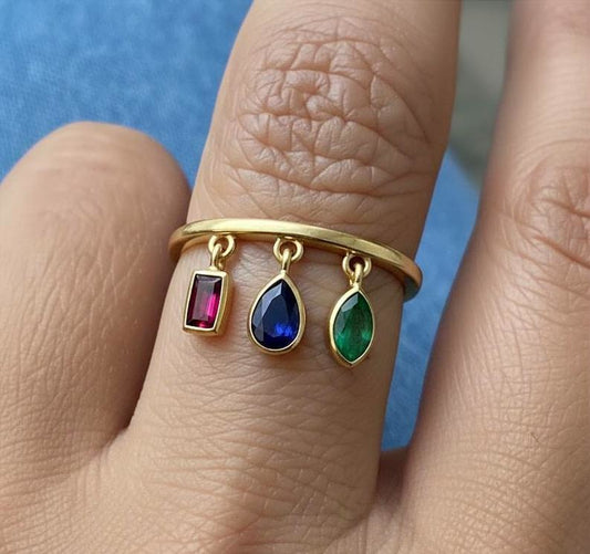 Emerald, Ruby and Blue Sapphire Drop Teardrop Tassel Ring in 925 Silver 3