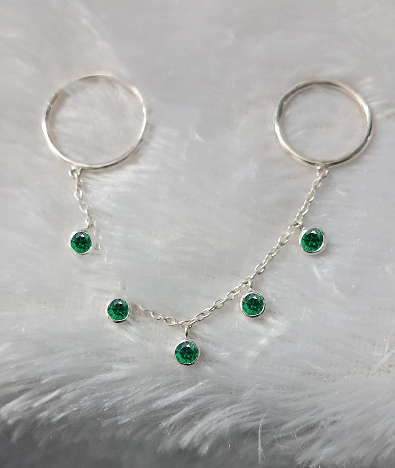 Emerald Two finger drop Chain Ring, Double Band Finger Bracelet, 925 Silver 7