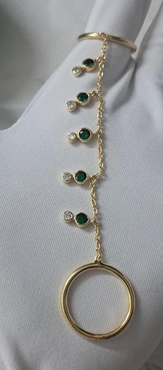 Emerald and CZ Diamond Two Finger Chain Ring, 18k Yellow Plated 1