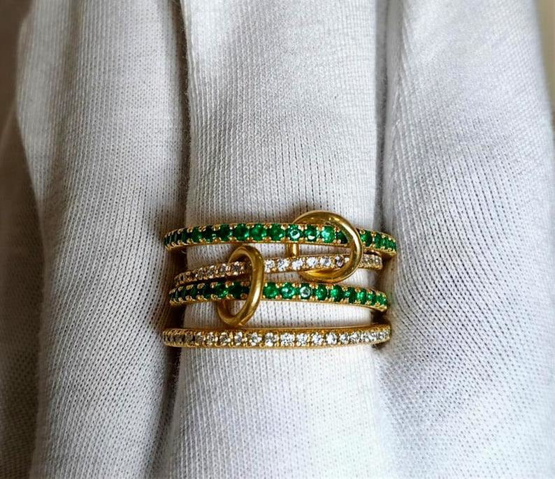 Emerald and Diamond Chunky Interlocking Band Ring, Linked 925 Sterling Silver devikagemsjewels