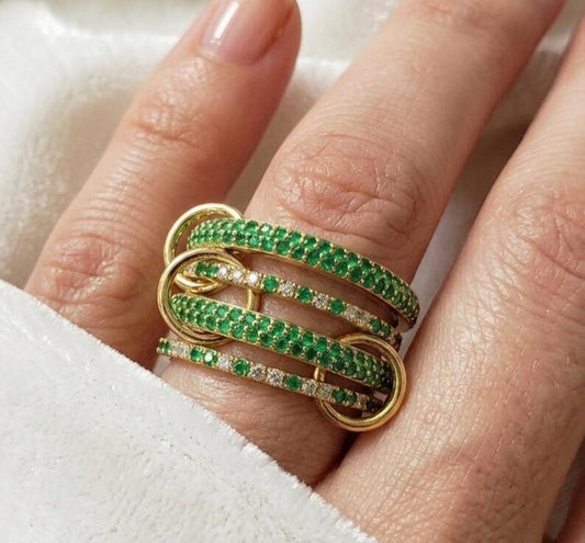 Emerald interlocking Ring, 925 sterling silver diamond multi linked band 2