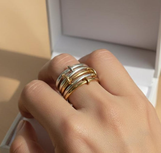 Five Band Sterling Silver Spinner Ring Interlocked Connected Stacker Gold Linked Band 2