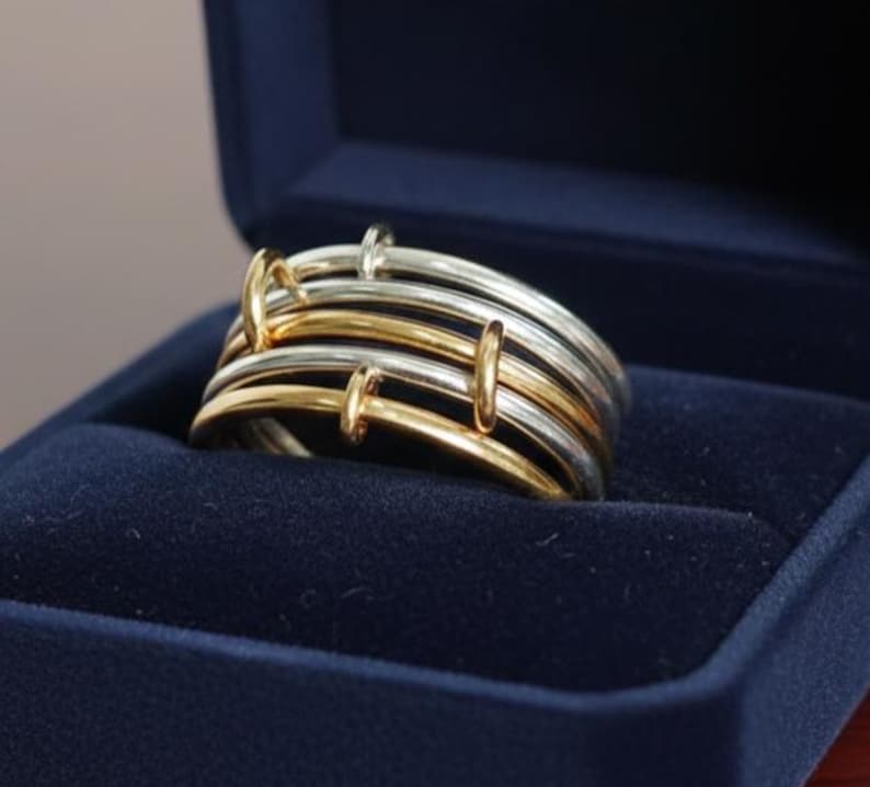 Five Band Sterling Silver Spinner Ring Interlocked Connected Stacker Gold Linked Band 6