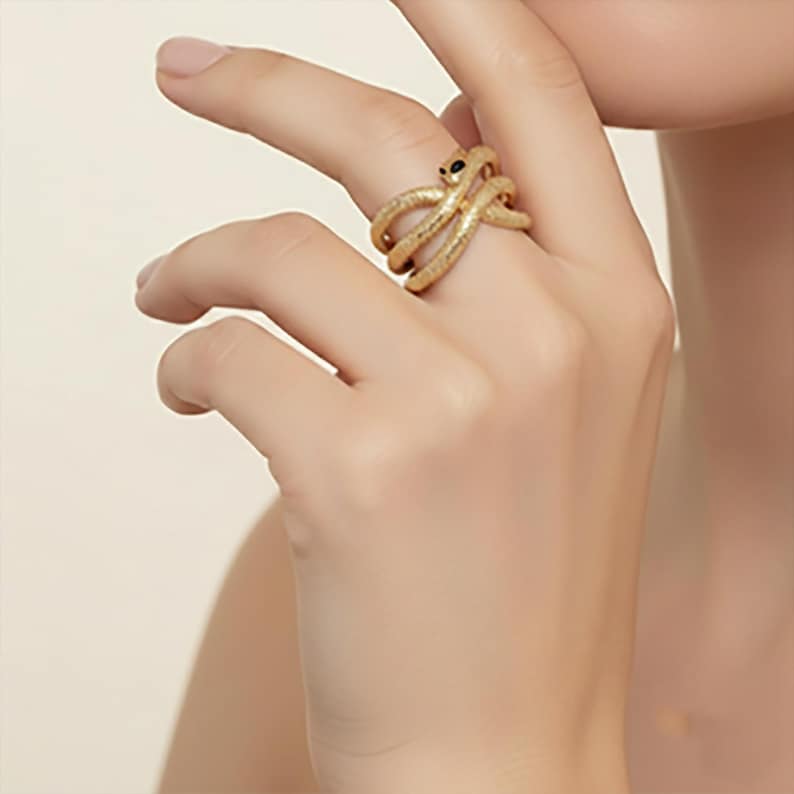 Gold Black Onyx Snake Serpent Wrap Ring Minimalist Animal Jewelry Statement Ring 4