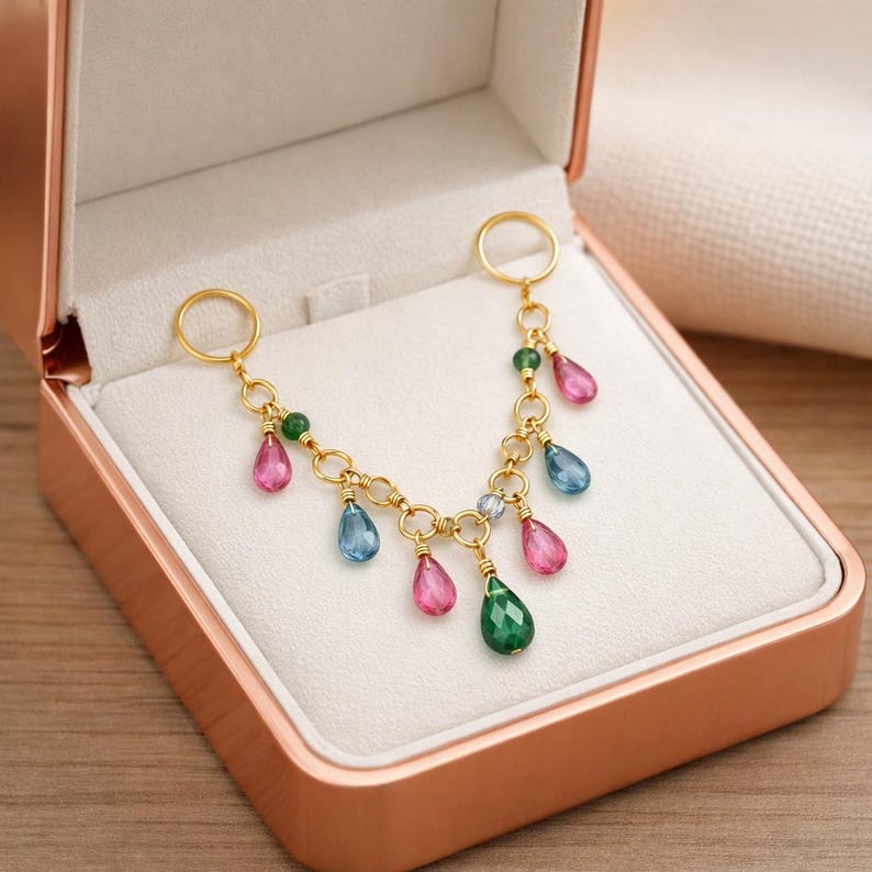 Gold Dangle Ring Teardrop Bead | Double Chain Drop Two Finger Ring 3