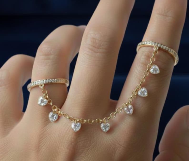 Heart Diamond drop Chain ring, 925 Silver Lover Handmade Jewelry 2