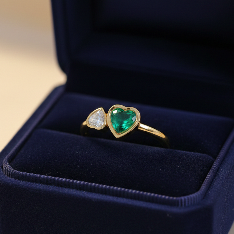 Heart Zambian Emerald and Diamond Two Stone Ring, 925 Silver Toi ET Moi Ring 1