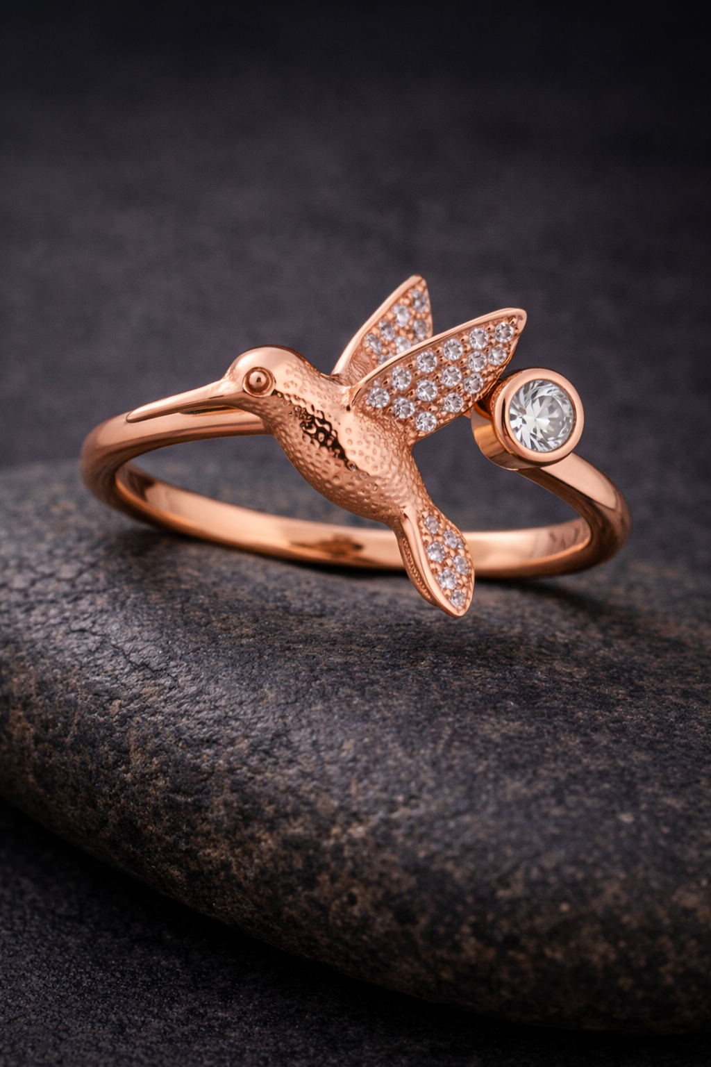 Hummingbird CZ Open Ring in Brass – Adjustable Nature Inspired Gold Plated Bird Ring 1