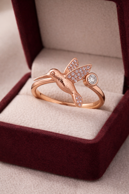 Hummingbird CZ Open Ring in Brass – Adjustable Nature Inspired Gold Plated Bird Ring 2