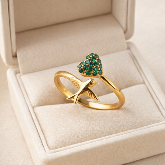 Hummingbird Ring Rose Gold Emerald Heart Adjustable Open Band 3