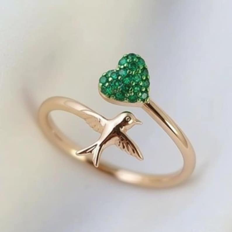Hummingbird Ring Rose Gold Emerald Heart Adjustable Open Band 6