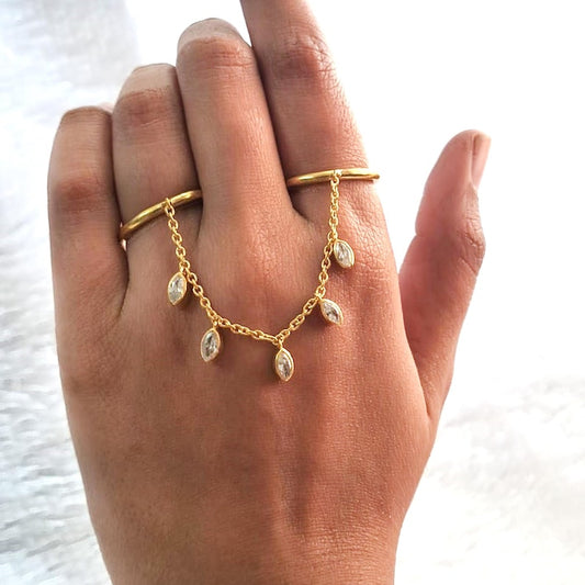 Marquise Diamond Drop Chain Ring 925Sterling Silver Tassel Double Band Two Finger devikagemstone marquise ring