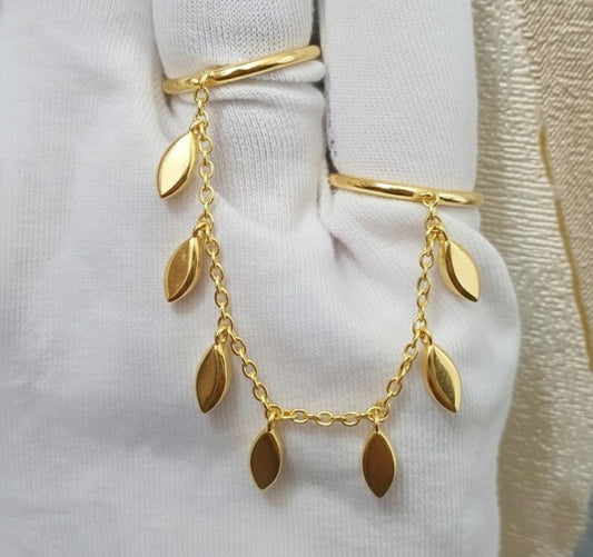 Marquise drop Charm Two Finger Chain Band Ring 2